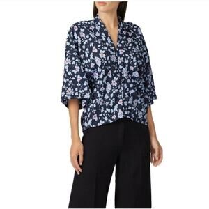 Derek Lam Women's Top Blouse Floral Kimono Navy Blue Wide Sleeve Size 52